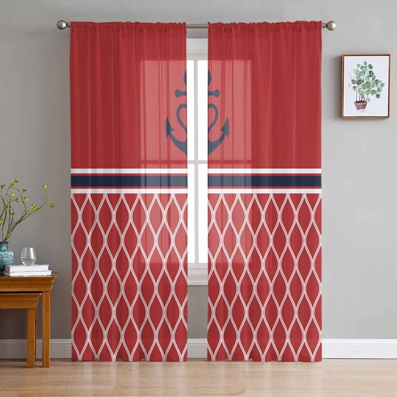 ERUNPONLY Red Morocco Sheer Curtains 72 Inch Length 2 Panels Set, Ocean Nautical Anchor Stripe Geometric Voile Window Treatment Curtains Sheers Drapes for Bedroom/Living Room/Kitchen 52"x72"x2