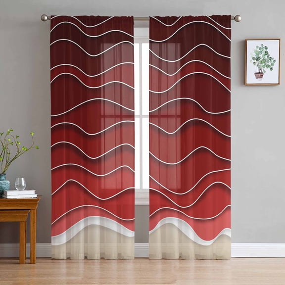 ERUNPONLY Red Ocean Waves Sheer Curtains 72 Inch Length 2 Panels Set, Coastal Abstract Stripes Ombre Art Voile Window Treatment Curtains Sheers Drapes for Bedroom/Living Room/Kitchen 52"x72"x2