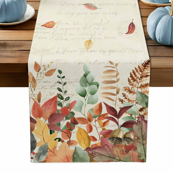 ERUNPONLY Red Orange Leaf Fall Table Runner - 90 Inch Long Autumn Eucalyptus Leaves Vintage Cotton and Linen Blended Dress Scarves Farmhouse Table Runner for Kitchen Dining, Coffee Table, 13" x 90"