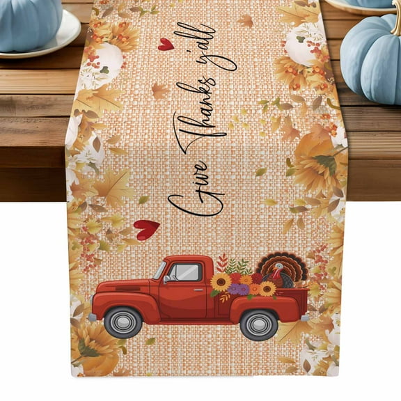 ERUNPONLY Red Truck Fall Table Runner - 72 Inch Long Thanksgiving Botanical Pumpkins Leaves Cotton and Linen Blended Dress Scarves Farmhouse Table Runner for Kitchen Dining, Coffee Table, 16" x 72"