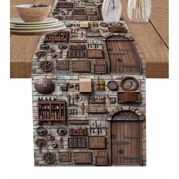 ERUNPONLY Rustic Antique Table Runner - 60 Inch Long Medieval Historical Wooden Vintage Cotton and Linen Blended Dress Scarves Farmhouse Table Runner for Kitchen Dining, Coffee Table, 13"x60"
