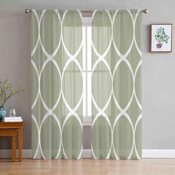 ERUNPONLY Sage Green Abstract Sheer Curtains 96 Inch Length 2 Panels Set, Modern White Geometric Twisted Art Voile Window Treatment Sheer Long Curtains for Bedroom/Living Room/Kitchen 52"x96"x2
