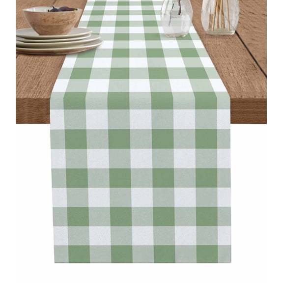 ERUNPONLY Sage Green Checkered Table Runner - 90 Inch Long Farmhouse Buffalo Plaid Cotton and Linen Blended Dress Scarves Farmhouse Table Runner for Kitchen Dining, Coffee Table, 13" x 90"