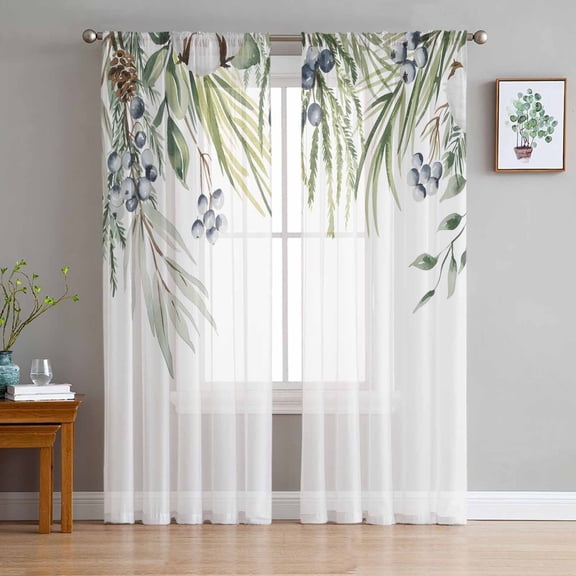 ERUNPONLY Sage Green Christmas Sheer Curtains 63 Inch Length 2 Panels Set, Xmas Botanical Berry Winter Voile Window Treatment Curtains Sheers Drapes for Bedroom/Living Room/Kitchen 52x"63"x2