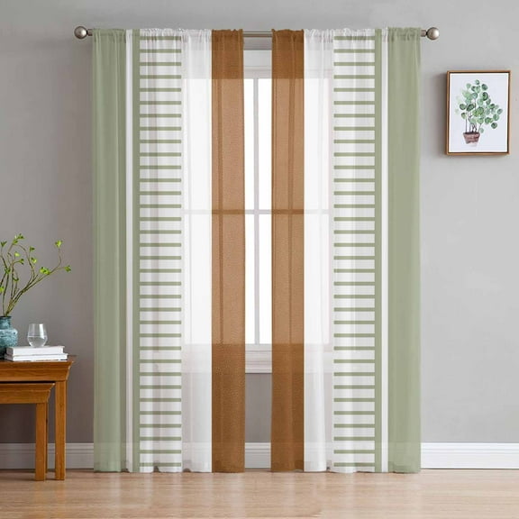 ERUNPONLY Sage Green Farmhouse Sheer Curtains 84 Inch Length 2 Panels Set, Green Brown Striped Voile Window Treatment Rod Pocket Curtains Sheers Drapes for Bedroom/Living Room/Kitchen 52"x84"x2