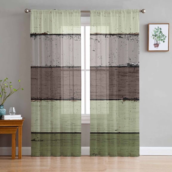 ERUNPONLY Sage Green Grey Sheer Curtains 96 Inch Length 2 Panels Set, Vintage Stripe Farmhouse Wood Grain Voile Window Treatment Sheer Long Curtains Drapes for Bedroom/Living Room/Kitchen 52"x96"x2