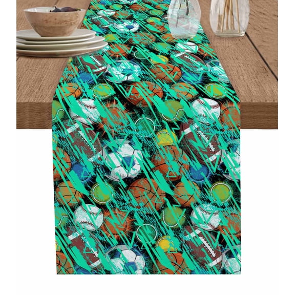 ERUNPONLY Sports Theme Table Runner - 72 Inch Long Funny Abstract Football Rugby Basketball Cotton and Linen Blended Dress Scarves Farmhouse Table Runner for Kitchen Dining, Coffee Table, 18"x72"