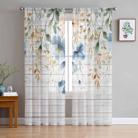 ERUNPONLY Spring Floral Sheer Curtains 84 Inch Length 2 Panels Set, Weeping Blue Botanical Summer Vintage Voile Window Treatment Curtains Sheers Drapes for Bedroom/Living Room/Kitchen 52"x84"x2