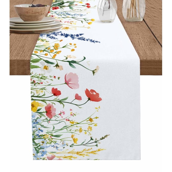 ERUNPONLY Spring Flowers Table Runner - 48 Inch Long Simple Botanical Wildflowers Herbs Cotton and Linen Blended Dress Scarves Farmhouse Table Runner for Kitchen Dining, Coffee Table, 13" x 48"