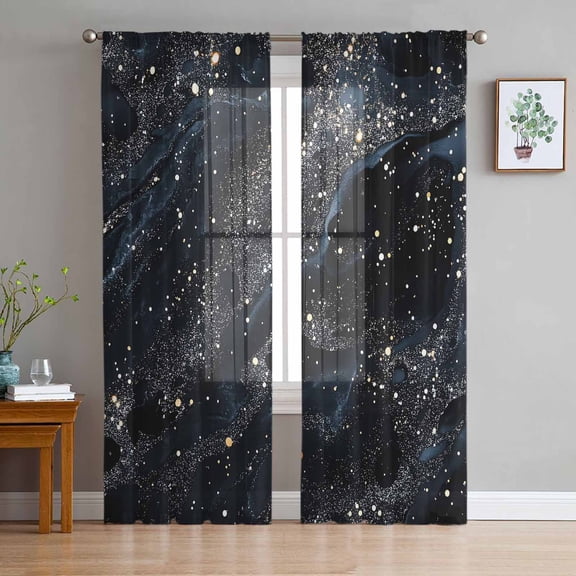 ERUNPONLY Starry Night Sheer Curtains 63 Inch Length 2 Panels Set, Chic Modern Black Blue Marble Texture Voile Window Treatment Curtains Sheers Drapes for Bedroom/Living Room/Kitchen 52x"63"x2