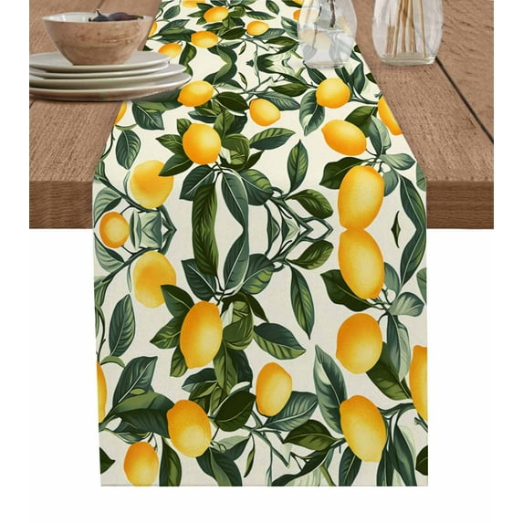 ERUNPONLY Summer Lemon Table Runner - 48 Inch Long Watercolor Yellow Green Leaves Fruit Cotton and Linen Blended Dress Scarves Farmhouse Table Runner for Kitchen Dining, Coffee Table, 13" x 48"