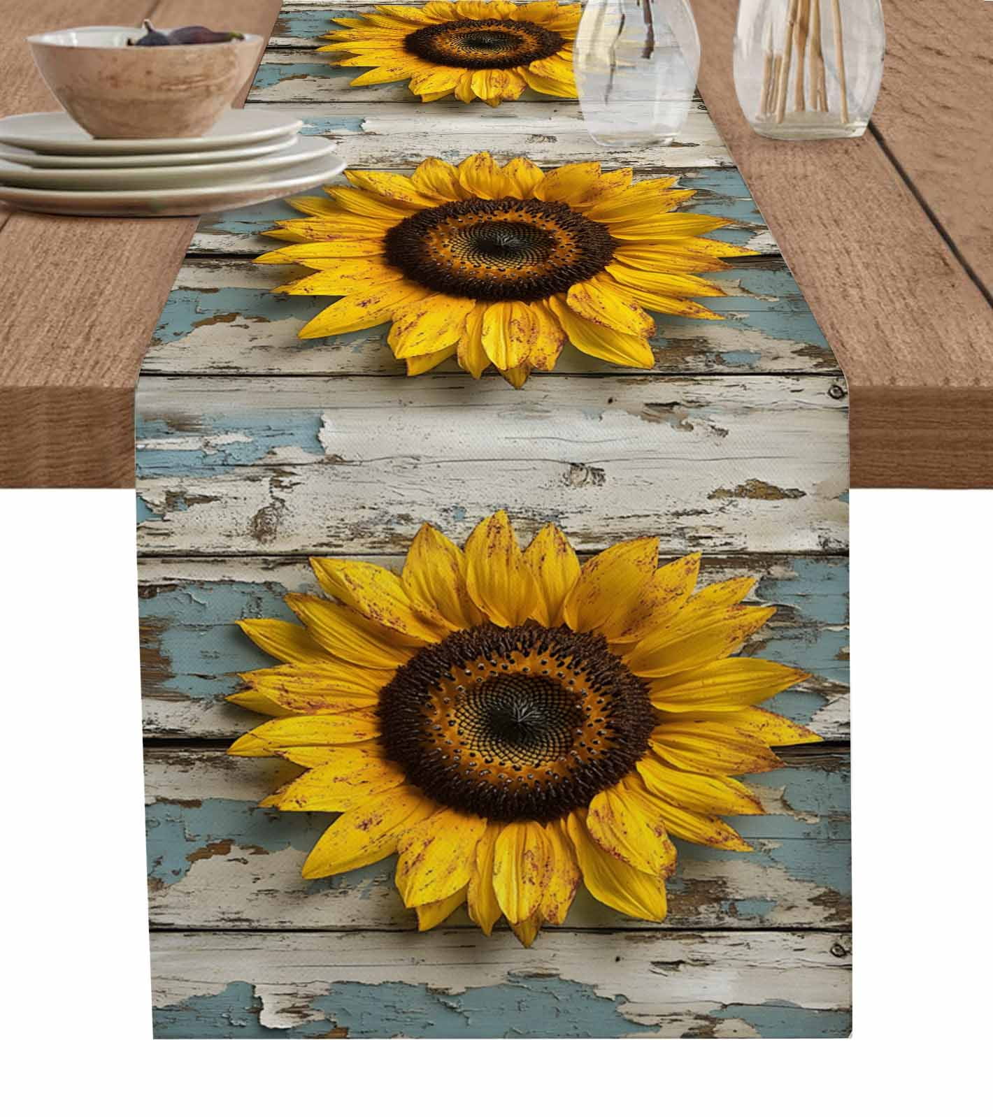 ERUNPONLY Summer Sunflower Table Runner - 90 Inch Long Vintage Wooden ...