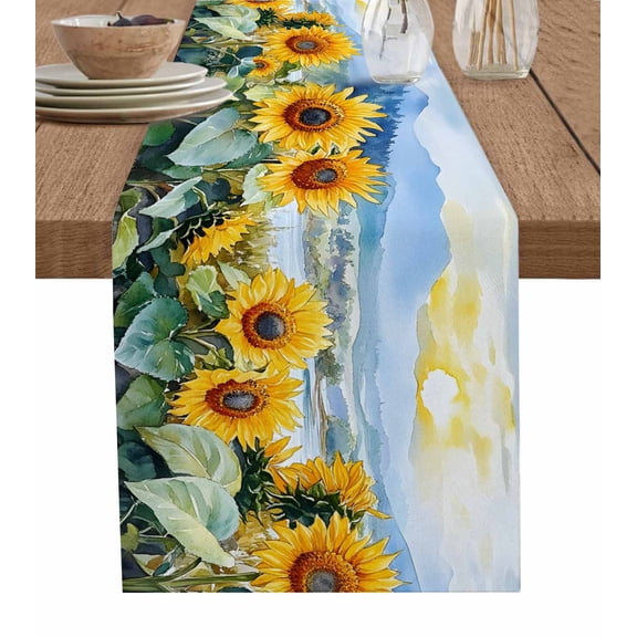 ERUNPONLY Sunflower Floral Table Runner - 70 Inch Long Watercolor Mountain Rustic Botanical Cotton and Linen Blended Dress Scarves Farmhouse Table Runner for Kitchen Dining, Coffee Table, 13"x70"