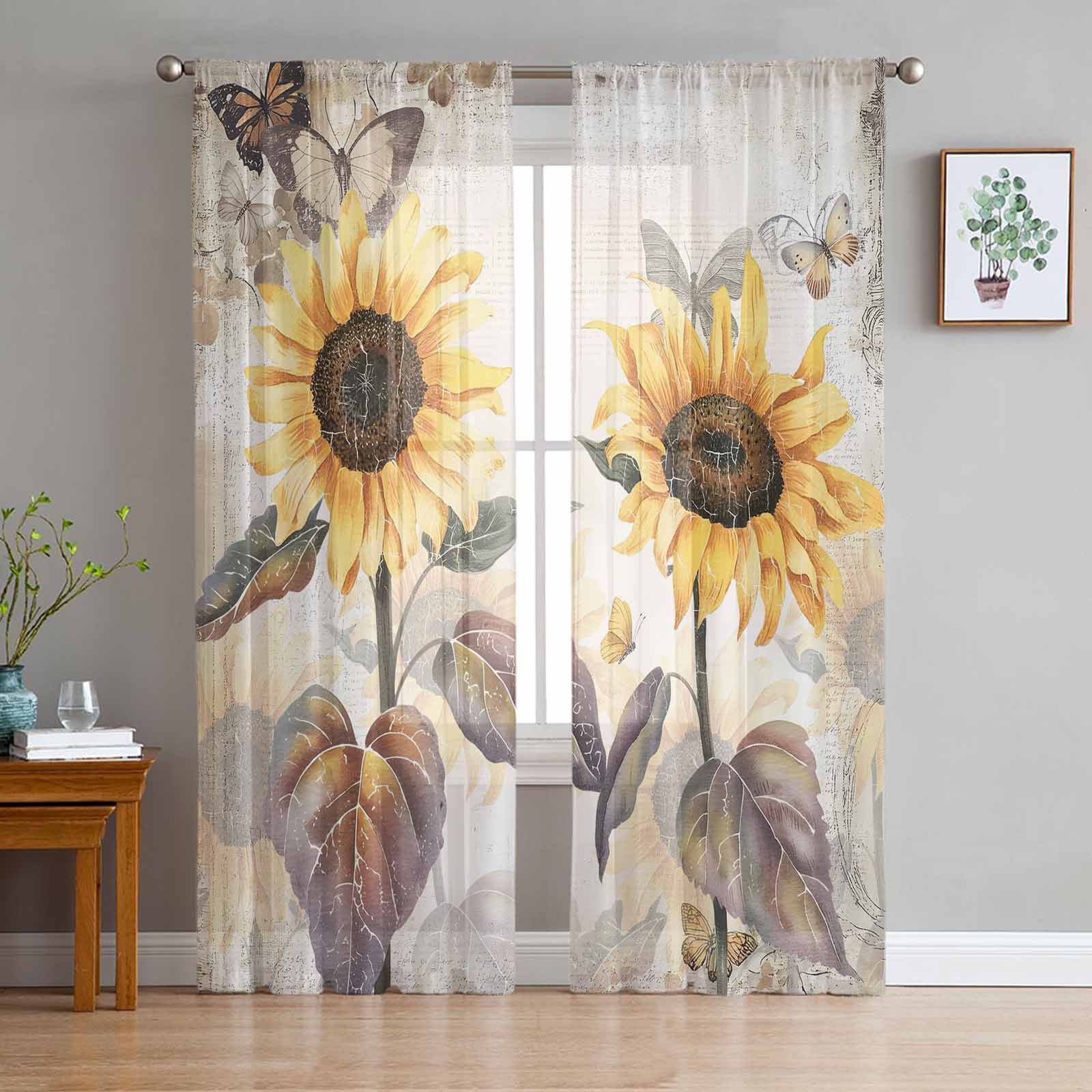 ERUNPONLY Sunflower Sheer Curtains 72 Inch Length 2 Panels Set ...