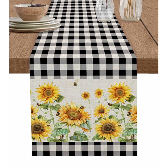 ERUNPONLY Sunflower Table Runner - 120 Inch Long Retro Buffalo Plaid Black White Country Bee Cotton and Linen Blended Dress Scarves Farmhouse Table Runner for Kitchen Dining, Coffee Table, 13"x120"