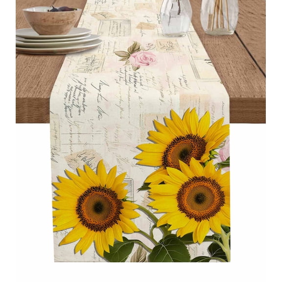 ERUNPONLY Sunflower Table Runner - 36 Inch Long Yellow Spring Flora Summer Botanical Vintage Cotton and Linen Blended Dress Scarves Farmhouse Table Runner for Kitchen Dining, Coffee Table, 13"x36"