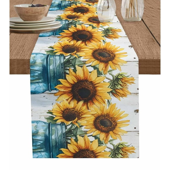 ERUNPONLY Sunflower Table Runner - 90 Inch Long Pastoral Pastel Yellow Floral Rustic Wood Plank Cotton Linen Blended Dress Scarves Farmhouse Table Runner for Kitchen Dining, Coffee Table, 13" x 90"