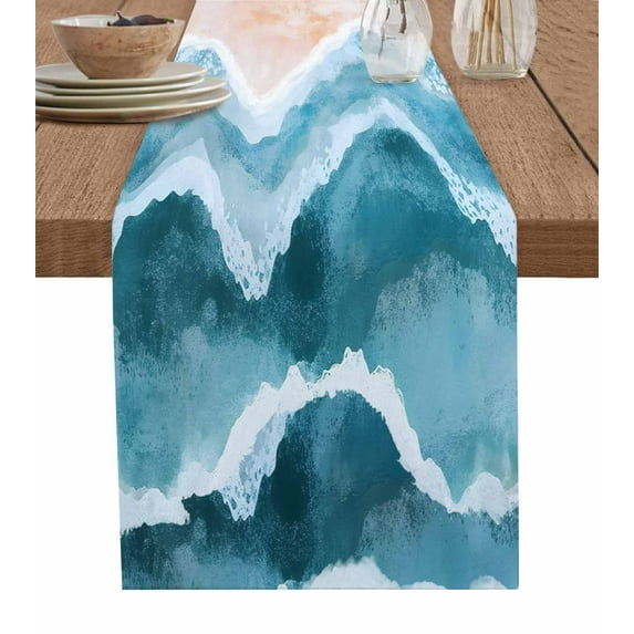 ERUNPONLY Teal Blue Coastal Beach Table Runner - 72 Inch Long Modern Oil Painting Nautical Cotton and Linen Blended Dress Scarves Farmhouse Table Runner for Kitchen Dining, Coffee Table, 18" x 72"
