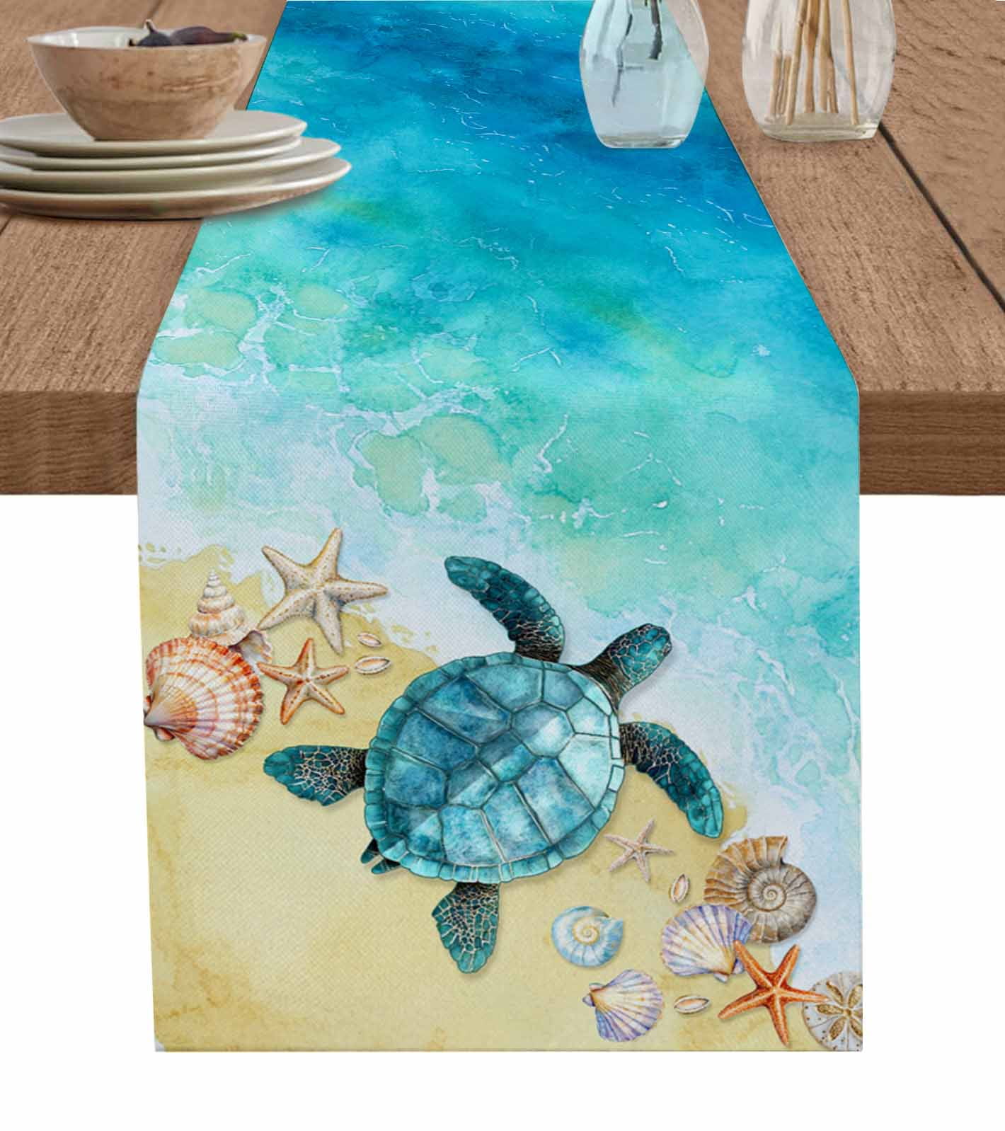 Blue Turtle Coastal Table Runner, 108 Inches Long - Cotton Linen Farmhouse Beach Decor - View #12