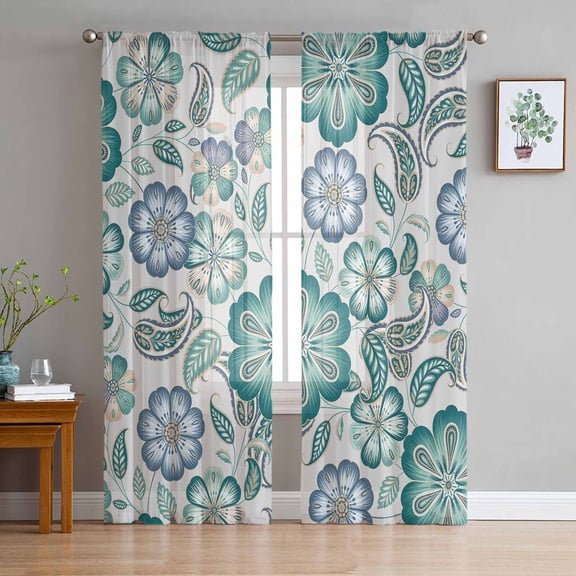 ERUNPONLY Teal Paisley Pattern Sheer Curtains 63 Inch Length 2 Panels Set, Boho Ethnic Floral Traditional Voile Window Treatment Curtains Sheers Drapes for Bedroom/Living Room/Kitchen 52x"63"x2
