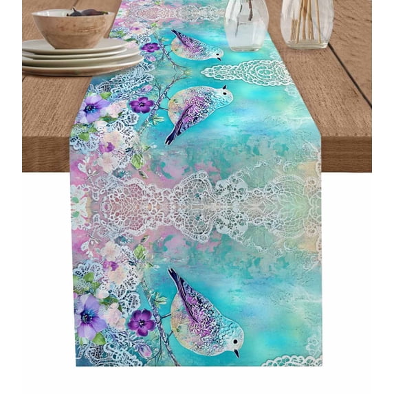 ERUNPONLY Teal Pink Birds Table Runner - 72 Inch Long Abstract Watercolor Flower Leaf Branch Cotton and Linen Blended Dress Scarves Farmhouse Table Runner for Kitchen Dining, Coffee Table, 13"x72"