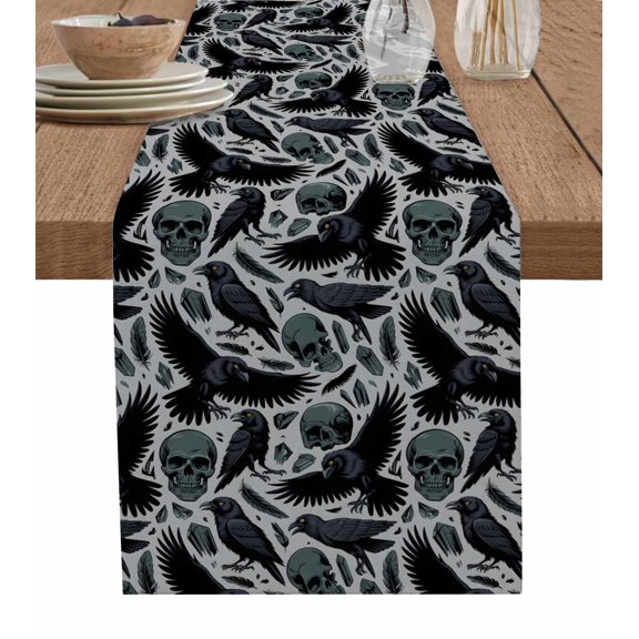 ERUNPONLY Teal Skull Halloween Table Runner - 48 Inch Long Navy Blue Birds Retro Skeleton Cotton and Linen Blended Dress Scarves Farmhouse Table Runner for Kitchen Dining, Coffee Table, 13"x48"