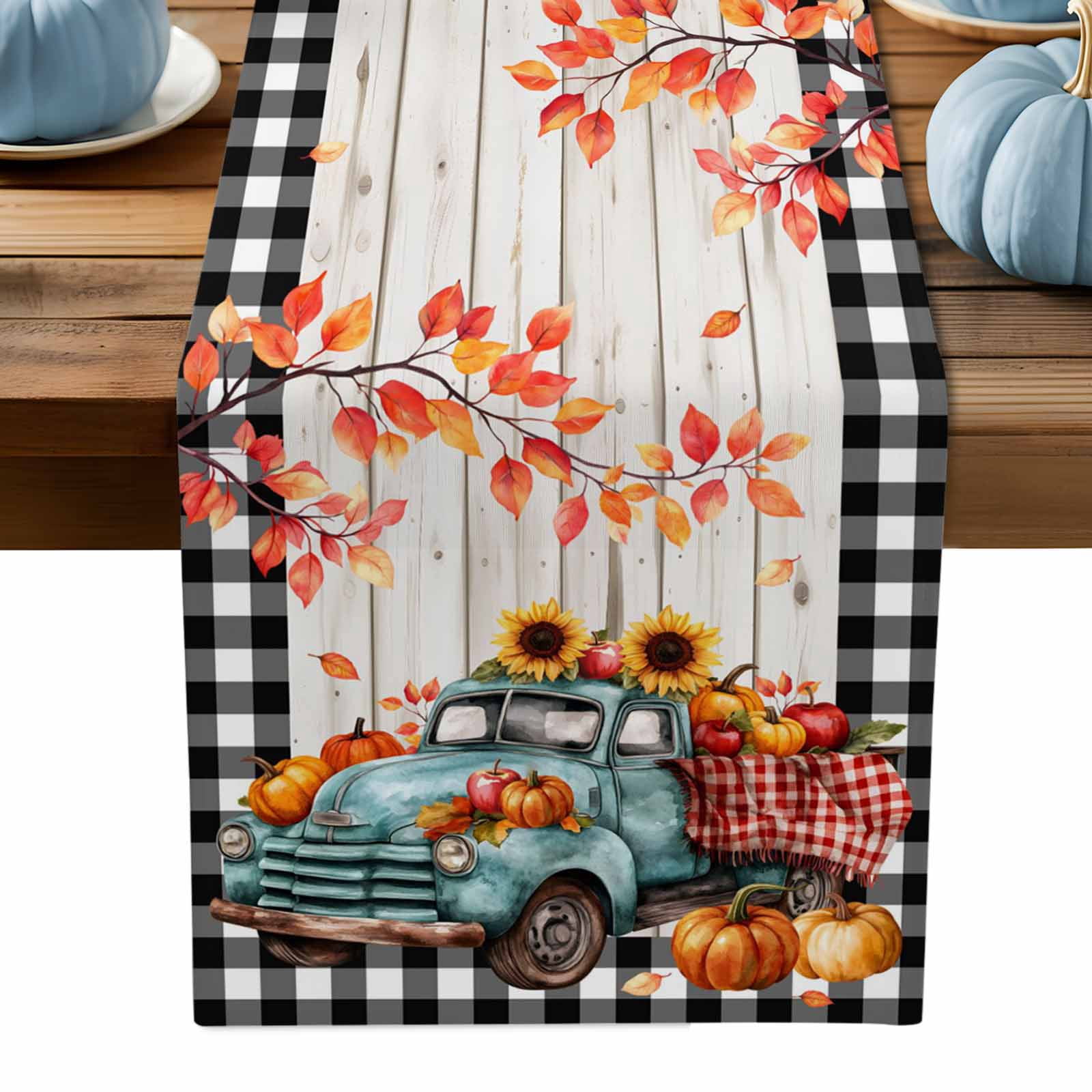 ERUNPONLY Teal Truck Fall Table Runner - 70 Inch Long Thanksgiving ...
