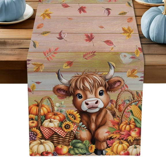 ERUNPONLY Thanksgiving Cattle Table Runner - 36 Inch Long Fall Harvest Pumpkin Leaves Brown Wood Cotton Linen Blended Dress Scarves Farmhouse Table Runner for Kitchen Dining, Coffee Table, 13" x 36"