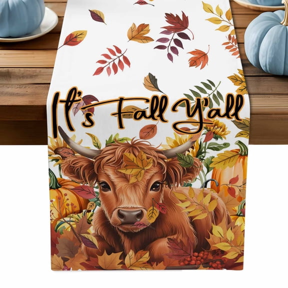 ERUNPONLY Thanksgiving Cattle Table Runner - 36 Inch Long Fall Pumpkin Sunflower Maple Leaf Autumn Cotton Linen Blended Dress Scarves Farmhouse Table Runner for Kitchen Dining, Coffee Table, 13"x36"
