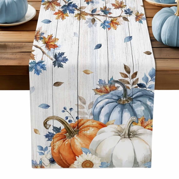ERUNPONLY Thanksgiving Pumpkin Table Runner - 72 Inch Long Fall Maple Leaf Daisy Wooden Grain Cotton and Linen Blended Dress Scarves Farmhouse Table Runner for Kitchen Dining, Coffee Table, 13" x 72"