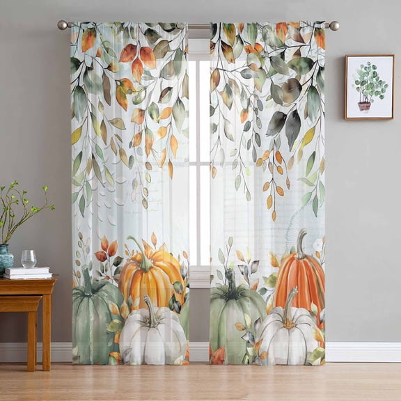 ERUNPONLY Thanksgiving Sheer Curtains 84 Inch Length 2 Panels Set, Sage Green Pumpkin Eucalyptus Coastal Leaf Voile Window Treatment Curtains Sheers Drapes for Bedroom/Living Room/Kitchen 52"x84"x2