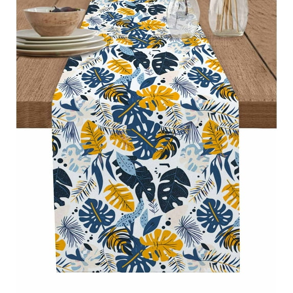 ERUNPONLY Tropical Leaf Table Runner - 90 Inch Long Orange Blue Palm Plants Summer Pastoral Cotton and Linen Blended Dress Scarves Farmhouse Table Runner for Kitchen Dining, Coffee Table, 13"x90"