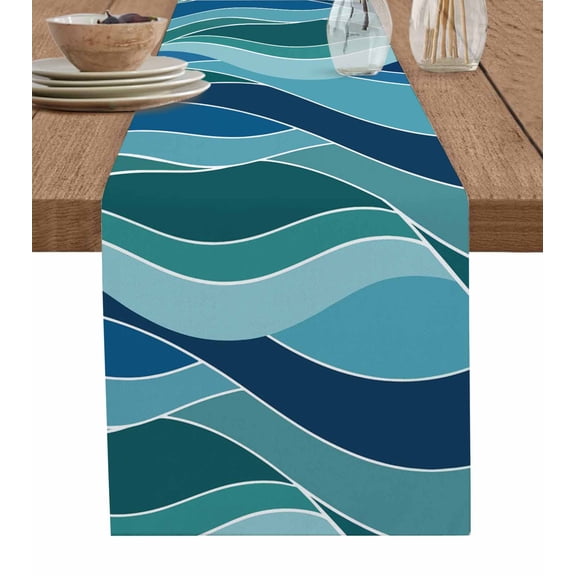ERUNPONLY Turquoise Blue Table Runner - 90 Inch Long Green Gradient Abstract Wave Stripes Cotton and Linen Blended Dress Scarves Farmhouse Table Runner for Kitchen Dining, Coffee Table, 13"x90"