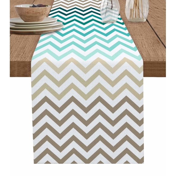 ERUNPONLY Turquoise Brown Table Runner - 120 Inch Long Gradient Geometric Stripes Chevron Wave Cotton Linen Blended Dress Scarves Farmhouse Table Runner for Kitchen Dining, Coffee Table, 13"x120"
