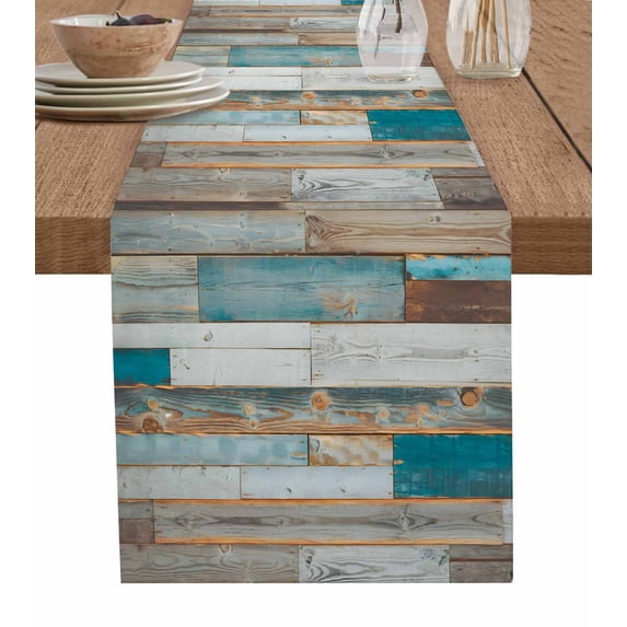 ERUNPONLY Turquoise Brown Table Runner - 70 Inch Long Vintage Country Ombre Wooden Grain Cotton and Linen Blended Dress Scarves Farmhouse Table Runner for Kitchen Dining, Coffee Table, 13"x70"