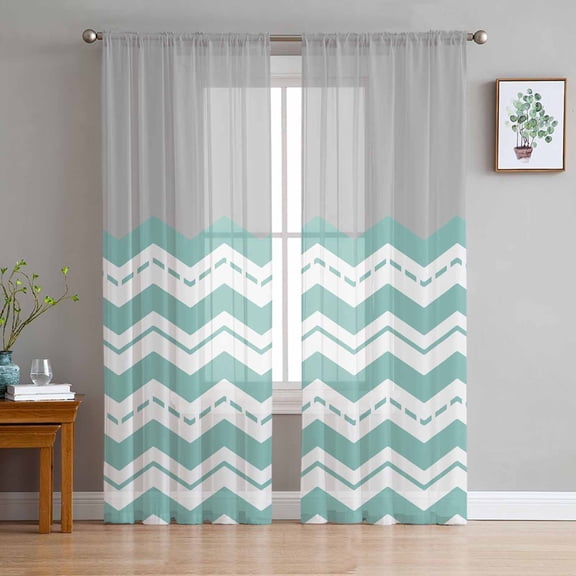 ERUNPONLY Turquoise Chevron Sheer Curtains 63 Inch Length 2 Panels Set, Geometric Grey Wavy Striped White Voile Window Treatment Curtains Sheers Drapes for Bedroom/Living Room/Kitchen 52x"63"x2