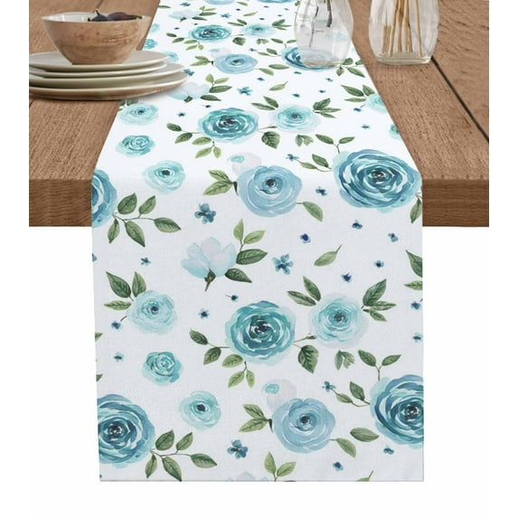 ERUNPONLY Turquoise Flowers Table Runner - 36 Inch Long Modern Botanical Floral Leaves Plants Cotton and Linen Blended Dress Scarves Farmhouse Table Runner for Kitchen Dining, Coffee Table, 13"x36"