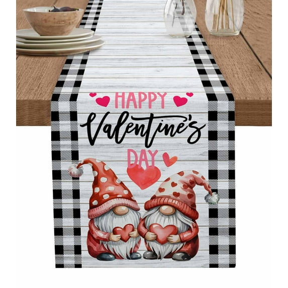 ERUNPONLY Valentine's Day Table Runner - 36 Inch Long Cartoon Gnomes Love Gray Wooden Plaid Cotton and Linen Blended Dress Scarves Farmhouse Table Runner for Kitchen Dining, Coffee Table, 13"x36"