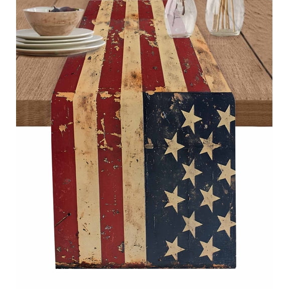 ERUNPONLY Vintage American Flag Table Runner - 36 Inch Long Retro US Flag White Red Blue Cotton and Linen Blended Dress Scarves Farmhouse Table Runner for Kitchen Dining, Coffee Table, 13" x 36"