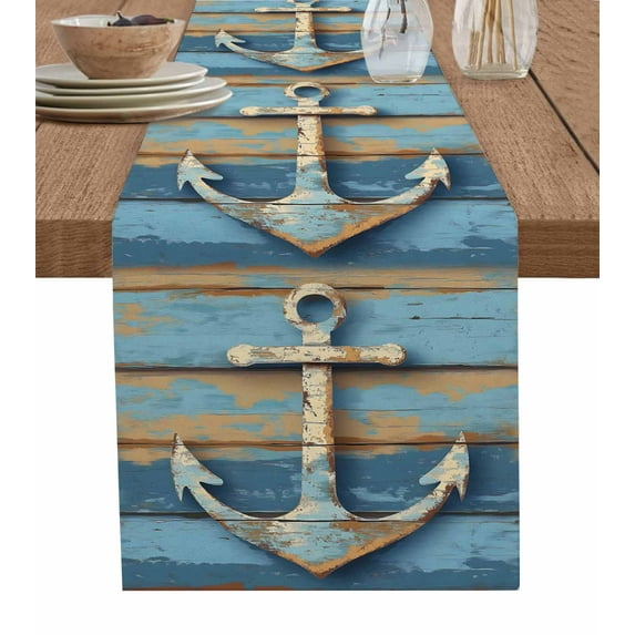 ERUNPONLY Vintage Anchor Table Runner - 108 Inch Long Farmhouse Nautical Ocean Wooden Cotton and Linen Blended Dress Scarves Farmhouse Table Runner for Kitchen Dining, Coffee Table, 13"x108"