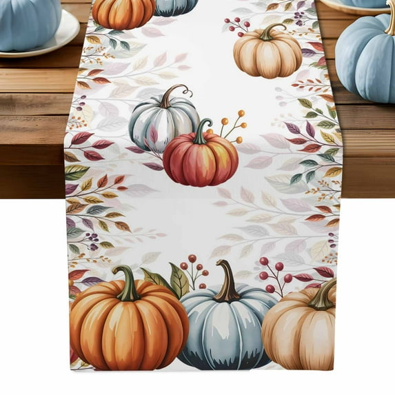 ERUNPONLY Vintage Fall Table Runner - 70 Inch Long Orange Blue Pumpkins Thanksgiving Maple Leaf Cotton Linen Blended Dress Scarves Farmhouse Table Runner for Kitchen Dining, Coffee Table, 13" x 70"