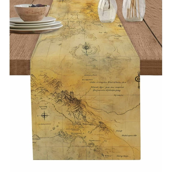 ERUNPONLY Vintage Map Table Runner - 60 Inch Long Middle Century Farmhouse Natural Landscape Cotton and Linen Blended Dress Scarves Farmhouse Table Runner for Kitchen Dining, Coffee Table, 13"x60"