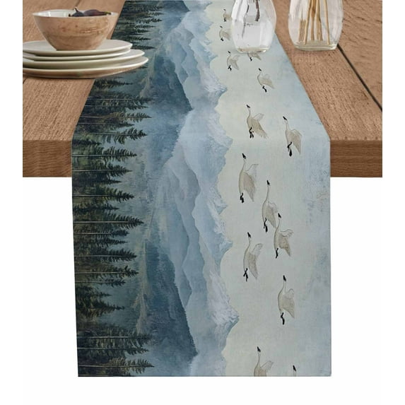 ERUNPONLY Watercolor Landscape Table Runner - 36 Inch Long Retro Geese Forest Mountain Cotton and Linen Blended Dress Scarves Farmhouse Table Runner for Kitchen Dining, Coffee Table, 13"x36"