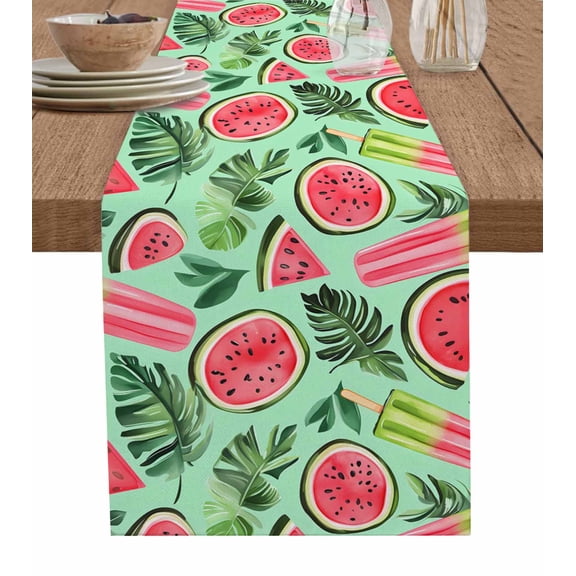 ERUNPONLY Watermelon Table Runner - 72 Inch Long Green Palm Leaves Popsicle Summer Fruit Cotton and Linen Blended Dress Scarves Farmhouse Table Runner for Kitchen Dining, Coffee Table, 14"x72"