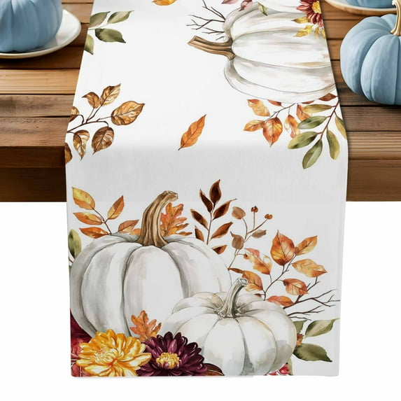 ERUNPONLY White Pumpkin Fall Table Runner - 60 Inch Long Thanksgiving Eucalyptus Leaves Autumn Cotton and Linen Blended Dress Scarves Farmhouse Table Runner for Kitchen Dining, Coffee Table, 13"x60"