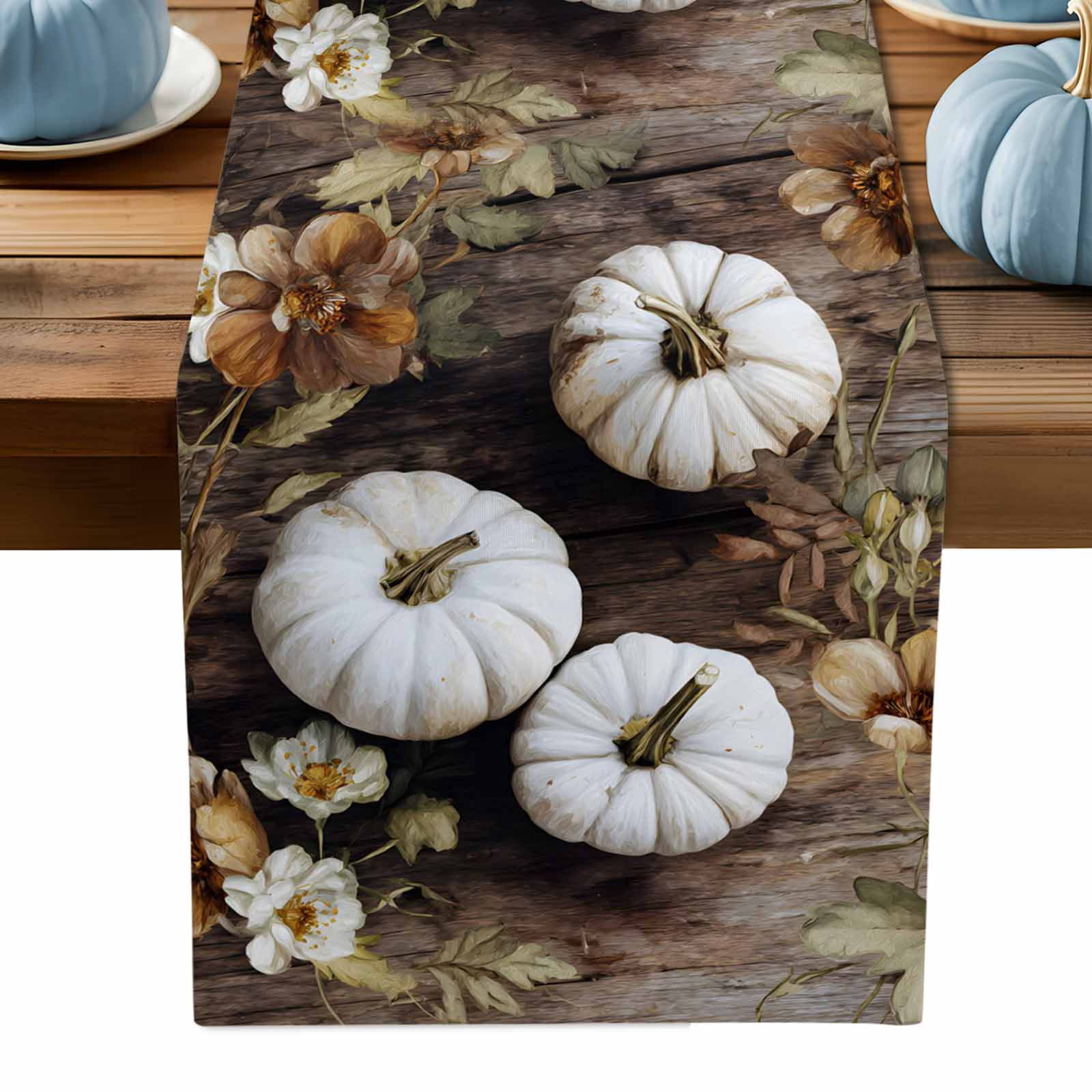 ERUNPONLY White Pumpkins Fall Table Runner - 120 Inch Long Thanksgiving ...