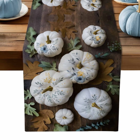 ERUNPONLY White Pumpkins Fall Table Runner - 60 Inch Long Thanksgiving Botanical Autumn Leaves Cotton and Linen Blended Dress Scarves Farmhouse Table Runner for Kitchen Dining, Coffee Table, 13"x60"