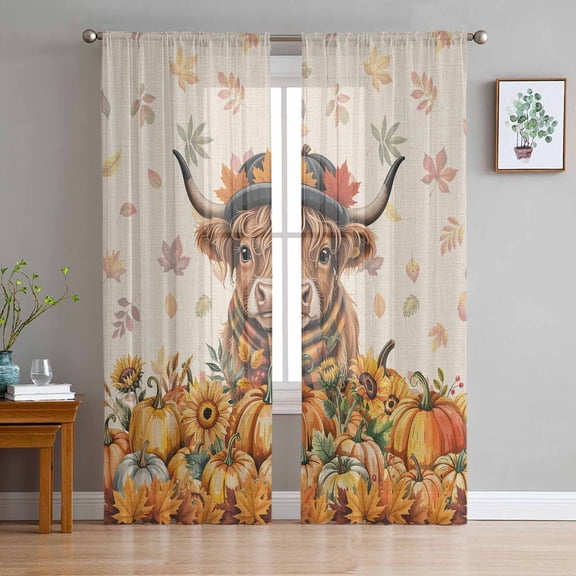 ERUNPONLY Yellow Cattle Pumpkins Fall Sheer Curtains 72 Inch Length 2 Panels Set, Thanksgiving Maple Leaves Rustic Voile Window Treatment Curtains Sheers for Bedroom/Living Room/Kitchen 52"x72"x2