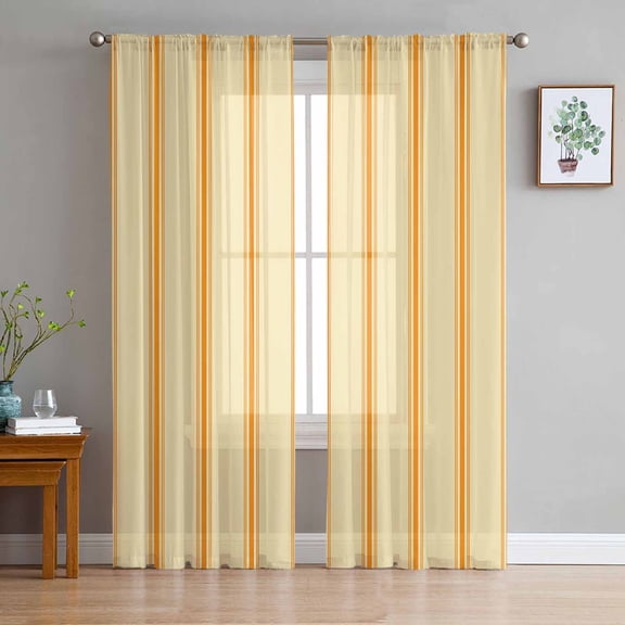 ERUNPONLY Yellow Orange Striped Sheer Curtains 63 Inch Length 2 Panels Set, Fall Farmhouse Simple Lines Voile Window Treatment Curtains Sheers Drapes for Bedroom/Living Room/Kitchen 52x"63"x2