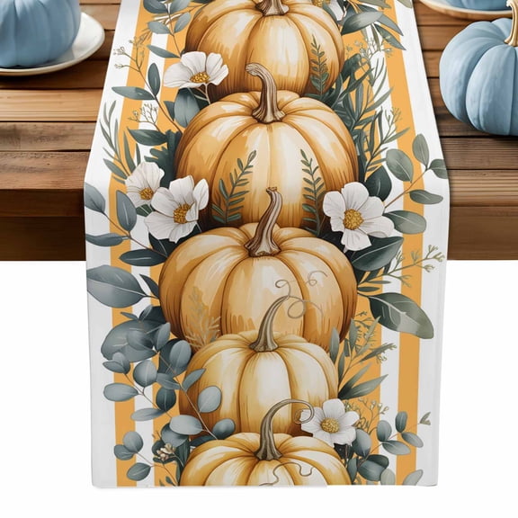 ERUNPONLY Yellow Pumpkin Fall Table Runner - 108 Inch Long Striped Thanksgiving Botanical Cotton and Linen Blended Dress Scarves Farmhouse Table Runner for Kitchen Dining, Coffee Table, 13" x 108"
